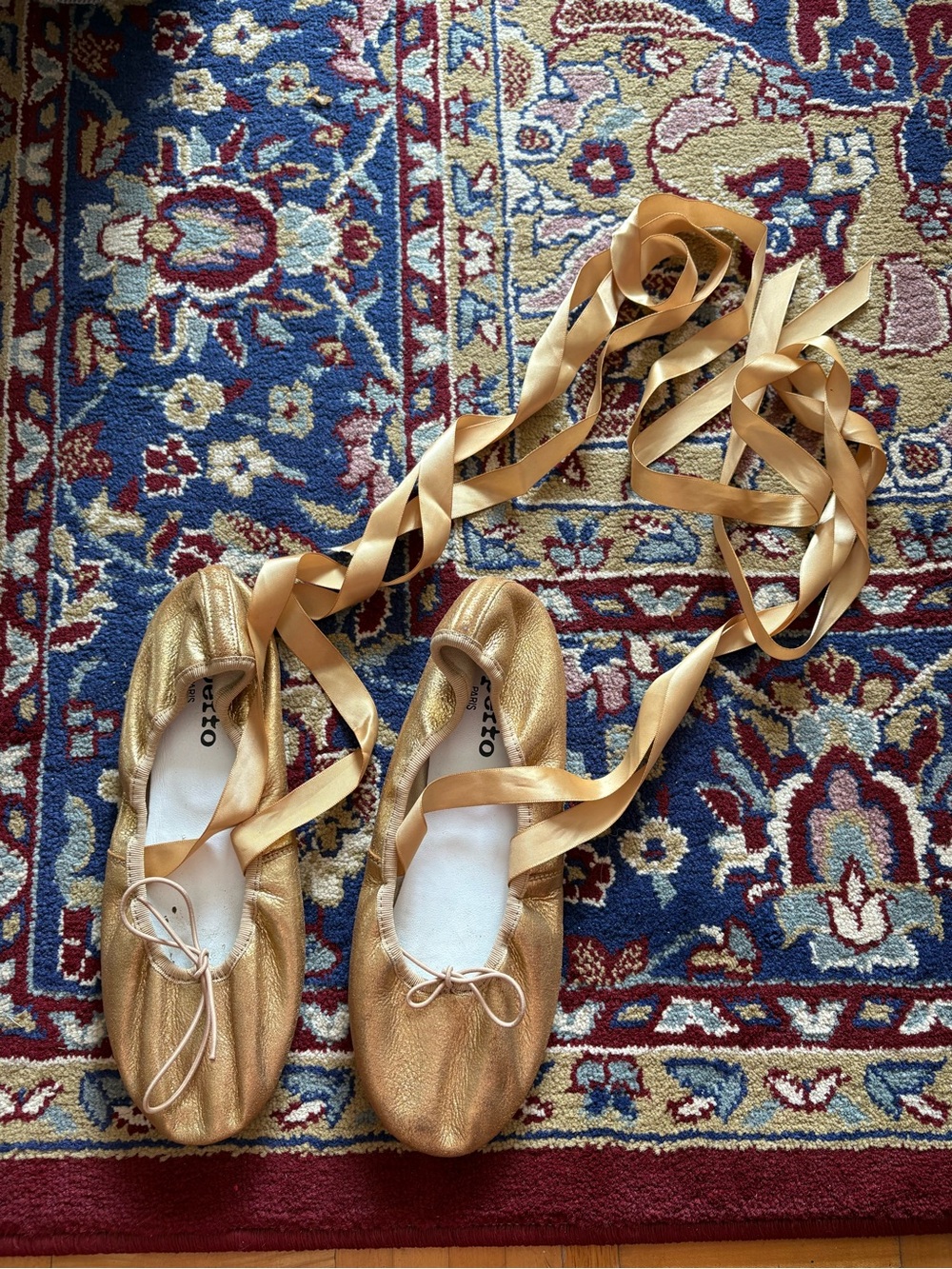 Repetto Gold Leather Ballet Flats with Long Satin Ribbons